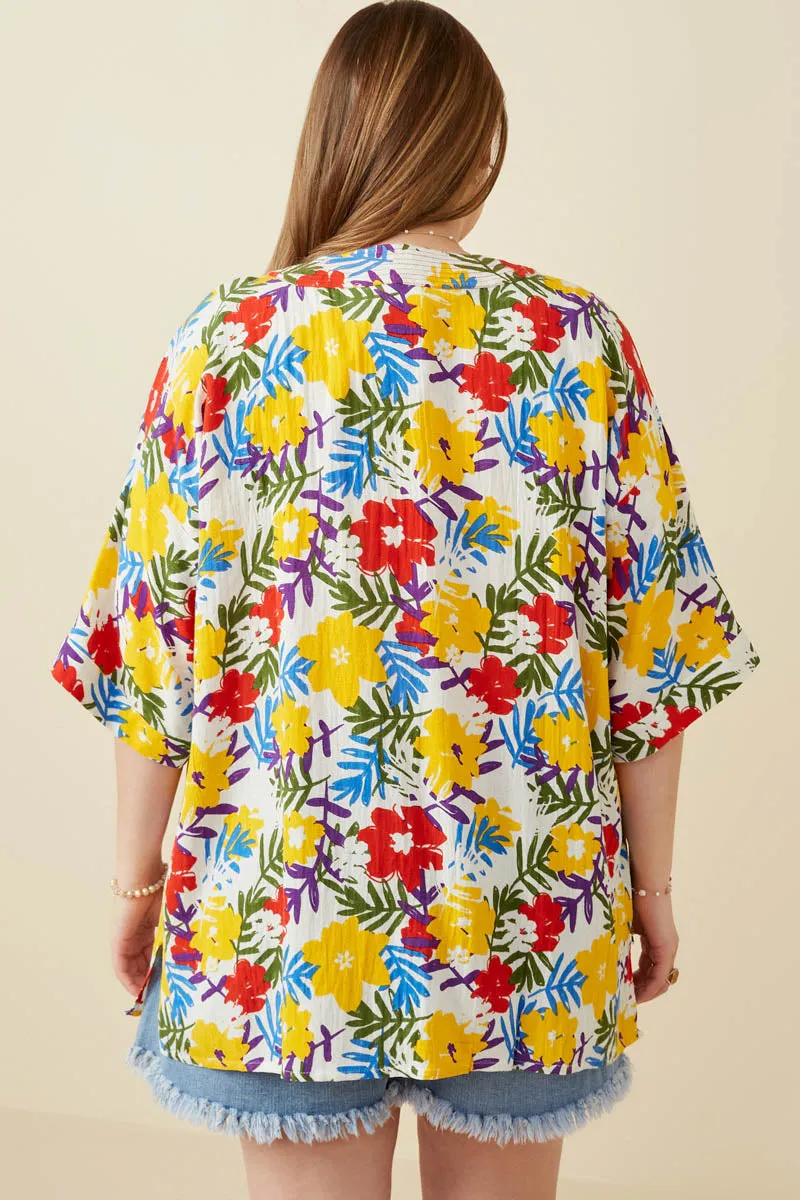 Womens Vivid Floral Contrast Stitch Linen Blend Kimono