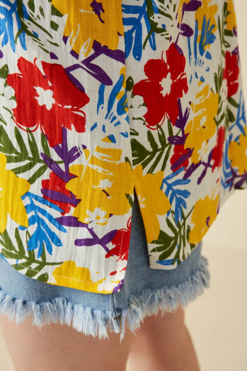 Womens Vivid Floral Contrast Stitch Linen Blend Kimono