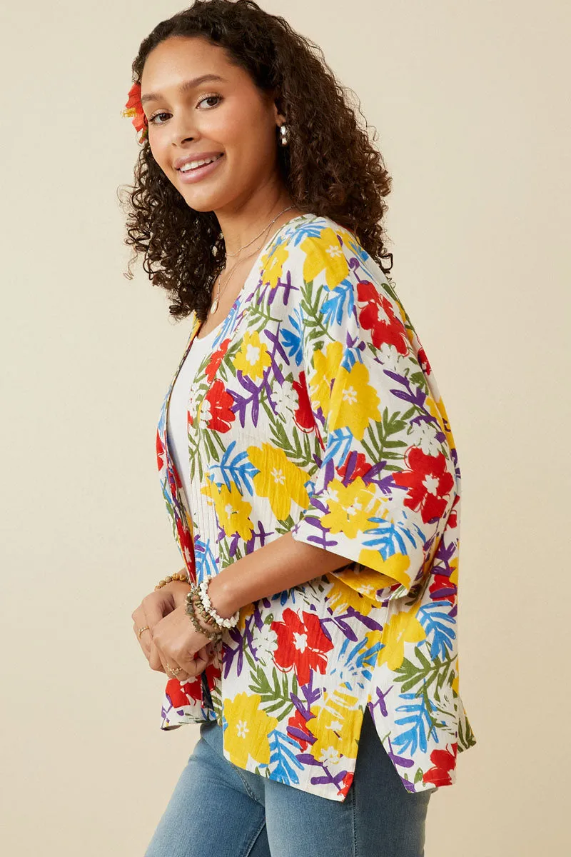 Womens Vivid Floral Contrast Stitch Linen Blend Kimono