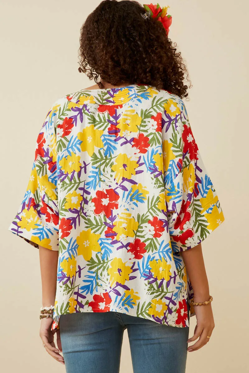 Womens Vivid Floral Contrast Stitch Linen Blend Kimono