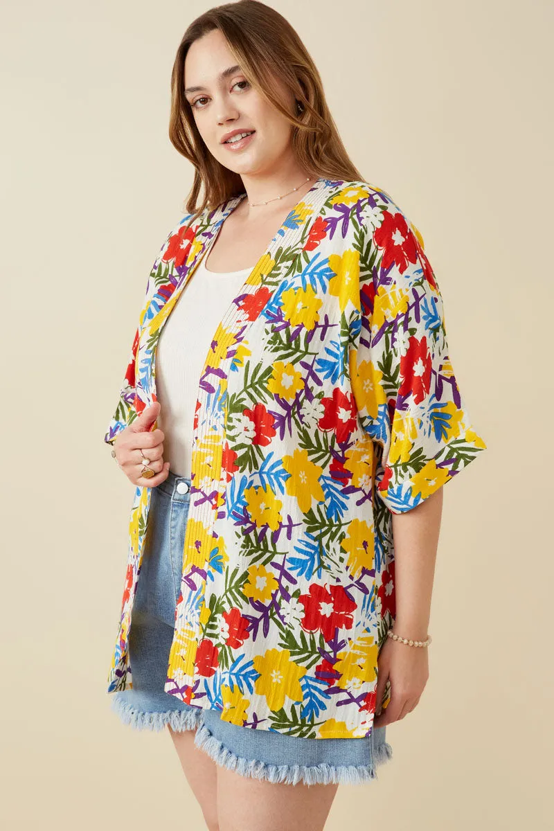 Womens Vivid Floral Contrast Stitch Linen Blend Kimono