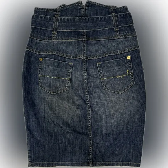 Y2K Ultra High Rise Denim Button Front Pencil Skirt Belted Gold Hardware Size 9