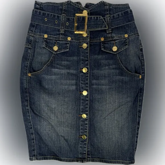 Y2K Ultra High Rise Denim Button Front Pencil Skirt Belted Gold Hardware Size 9