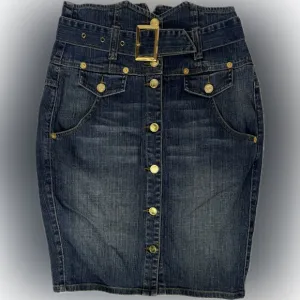 Y2K Ultra High Rise Denim Button Front Pencil Skirt Belted Gold Hardware Size 9